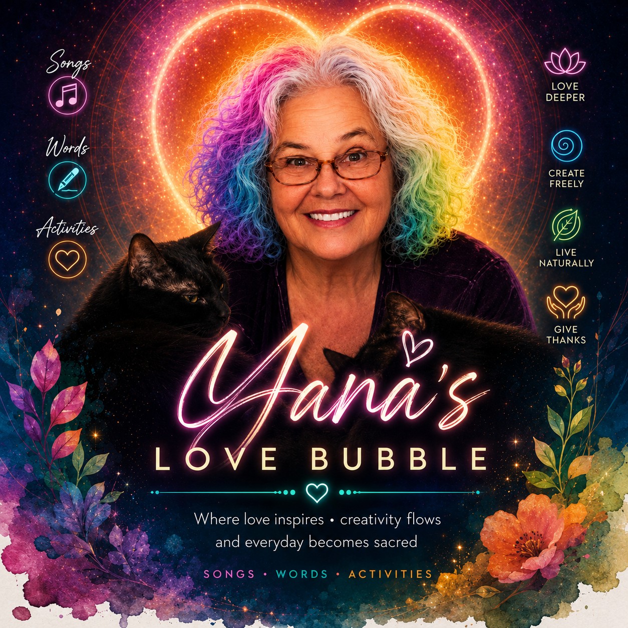 Yana smiling with rainbow-colored hair and black cats in a glowing Love Bubble design